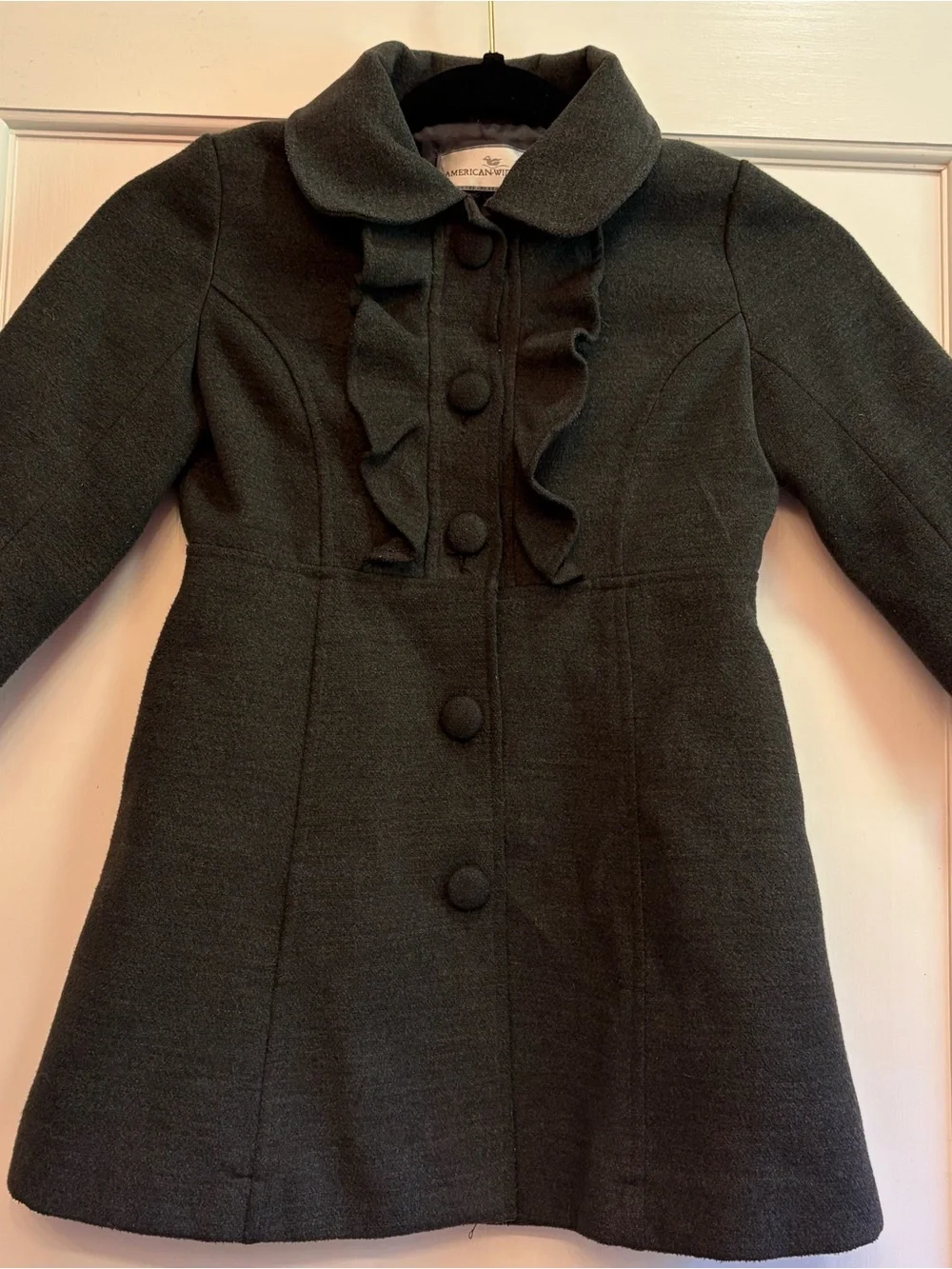 Classic Charcoal Kids' Pea Coat with Ruffle Front F1